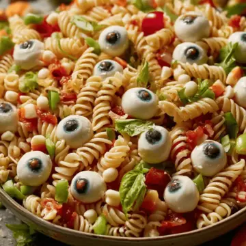 Eyeball Pasta Salad – Creepy pasta salad with mozzarella eyeballs