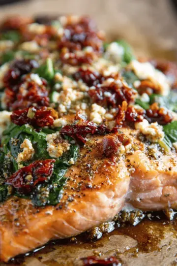 Sun-Dried Tomato and Feta Baked Salmon with Spinach