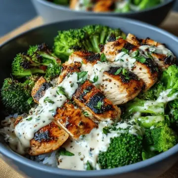 Grilled Chicken & Broccoli Bowls with Creamy Garlic Sauce