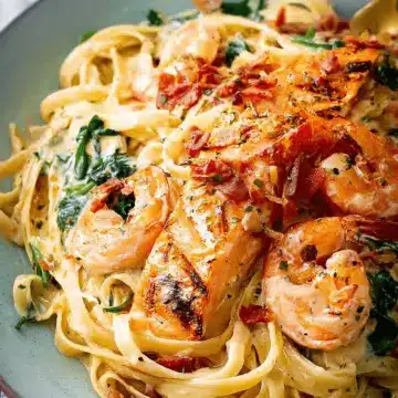 Creamy Tuscan Salmon Shrimp Pasta