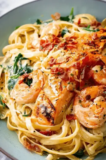 Creamy Tuscan Salmon Shrimp Pasta