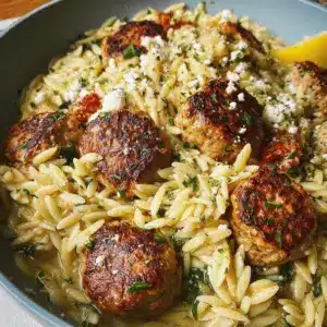 One-Pan Greek Chicken Meatballs and Lemon Orzo