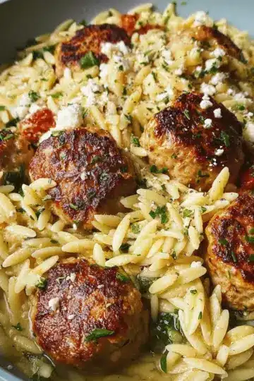 One-Pan Greek Chicken Meatballs and Lemon Orzo