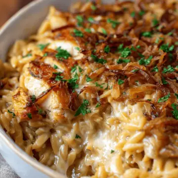 French Onion Chicken Orzo Casserole