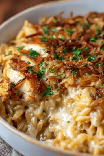 French Onion Chicken Orzo Casserole