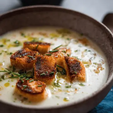 Roasted Garlic Potato Soup with Grilled Cheese Croutons