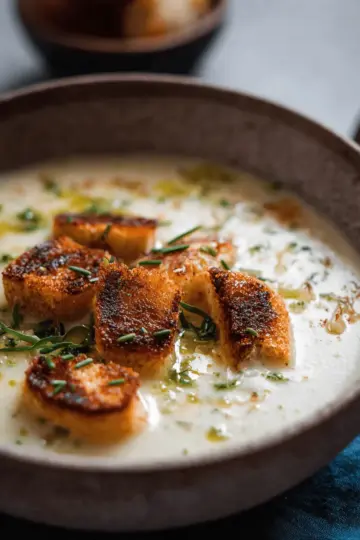 Roasted Garlic Potato Soup with Grilled Cheese Croutons