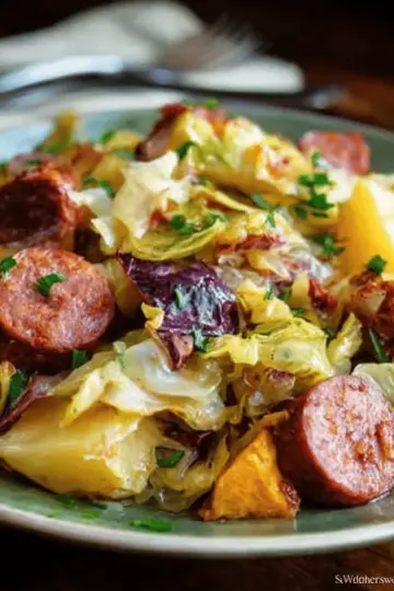 Braised Cabbage With Potatoes And Smoked Sausages