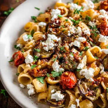 Charred Eggplant Pasta with Tomatoes & Goat Cheese