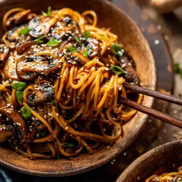 30 Minute Saucy Ginger Sesame Noodles with Caramelized Mushrooms