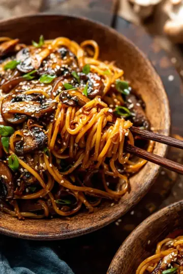 30 Minute Saucy Ginger Sesame Noodles with Caramelized Mushrooms