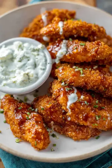 Sticky Chicken Fingers with Yogurt Blue Cheese Sauce