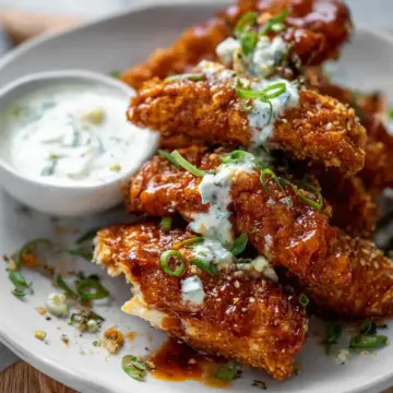 Sticky Chicken Fingers with Yogurt Blue Cheese Sauce.