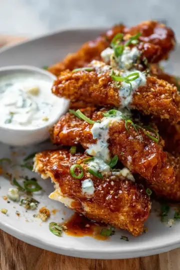 Sticky Chicken Fingers with Yogurt Blue Cheese Sauce.