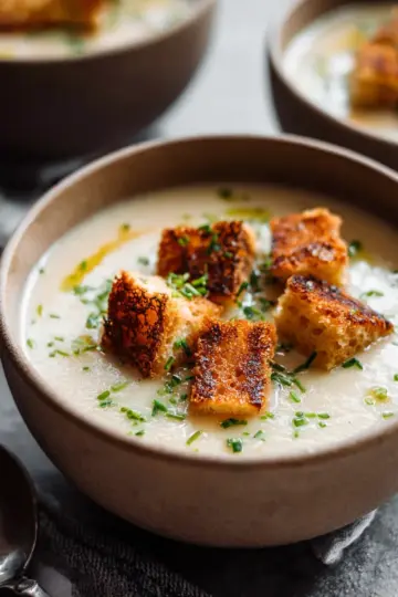 Roasted Garlic Potato Soup with Grilled Cheese Croutons