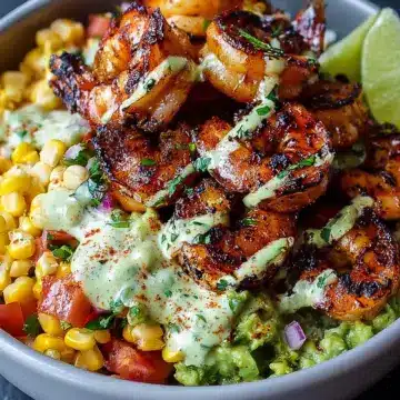 Grilled Shrimp Bowl with Avocado, Corn Salsa & Creamy Garlic Sauce
