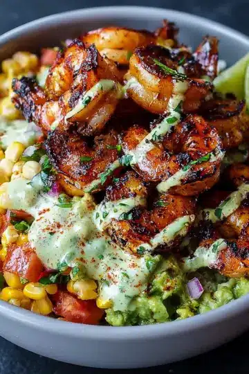 Grilled Shrimp Bowl with Avocado, Corn Salsa & Creamy Garlic Sauce