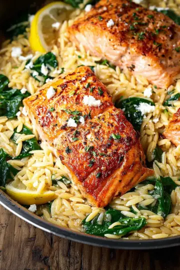 One Skillet Salmon with Lemon Orzo