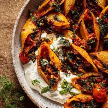 Unstuffed Spicy Tomato Basil Shells with Whipped Ricotta