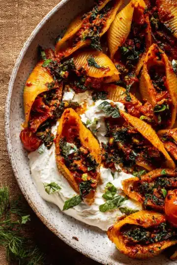 Unstuffed Spicy Tomato Basil Shells with Whipped Ricotta