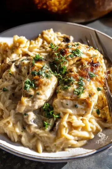 Crockpot Creamy French Onion Chicken and Orzo.