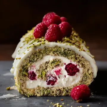 Pistachio Roulade with Raspberries and White Chocolate