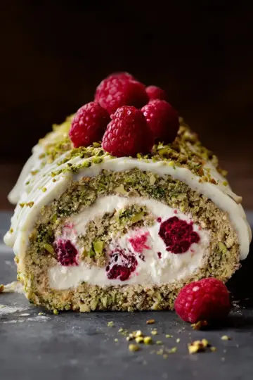 Pistachio Roulade with Raspberries and White Chocolate