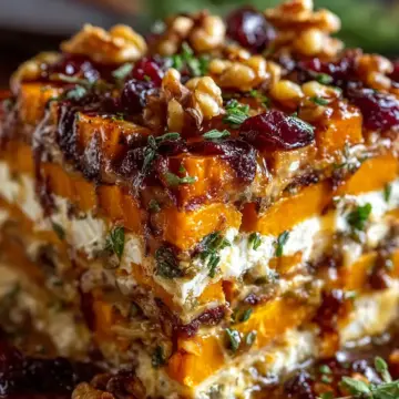 Layered Sweet Potato, Butternut Squash, Carrot Lasagna with Feta, Walnuts, and Cranberry-Honey Glaze