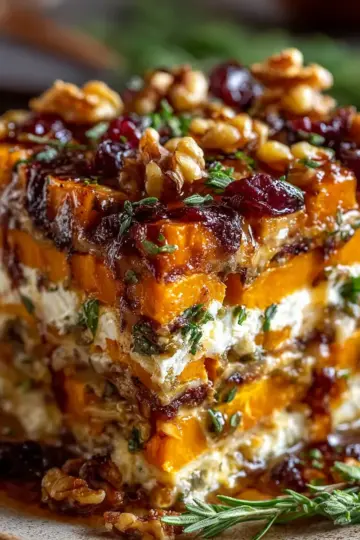Layered Sweet Potato, Butternut Squash, Carrot Lasagna with Feta, Walnuts, and Cranberry-Honey Glaze