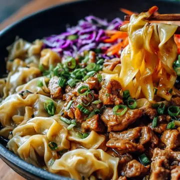 Savory Potsticker Noodle Bowl with Pork & Cabbage Slaw Delight
