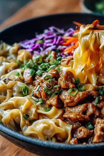 Savory Potsticker Noodle Bowl with Pork & Cabbage Slaw Delight