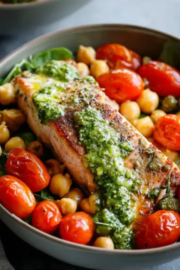 Delicious Pesto Salmon Chickpea Bowls