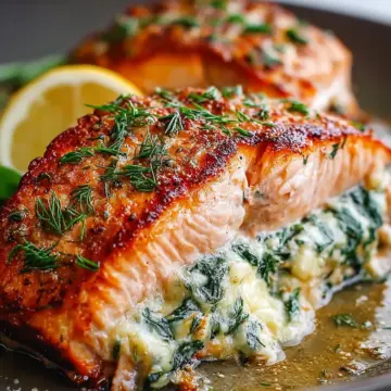 Savory Baked Stuffed Salmon with Creamy Spinach Delight