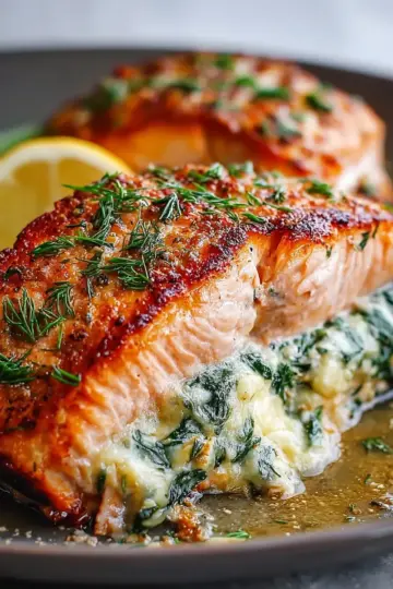 Savory Baked Stuffed Salmon with Creamy Spinach Delight